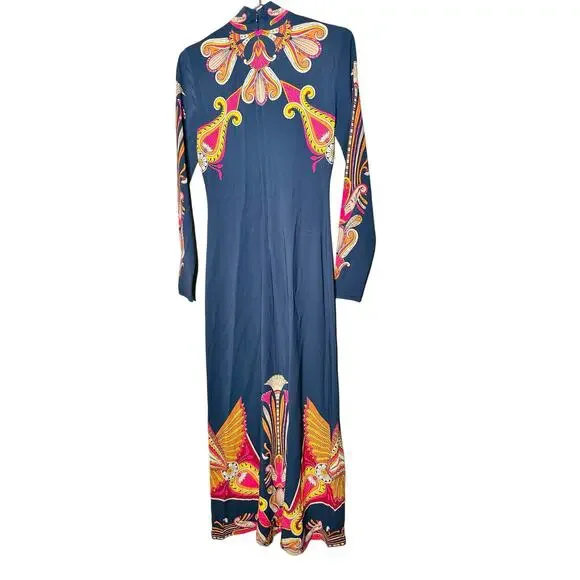 LA DOUBLEJ Navy Paisley Gold Pendant High Neck A-Line Halle Dress Size XS - Picture 9 of 16